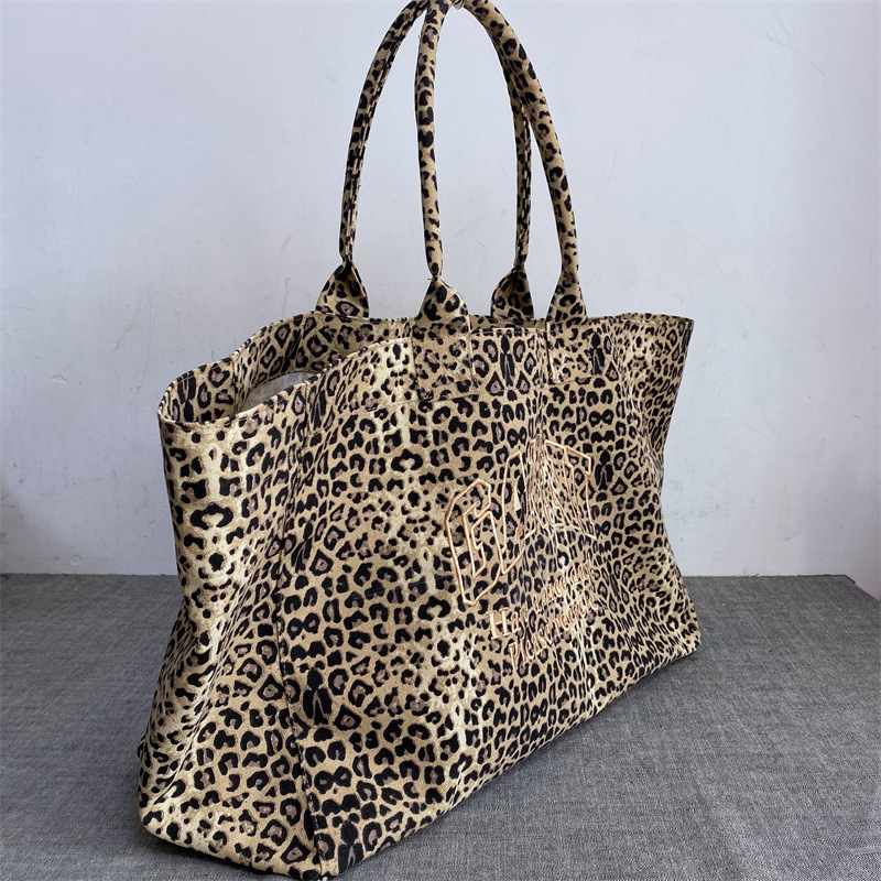 Embroidery Motif - Unisex Leopar Baskı Nakış Kanvas Tote