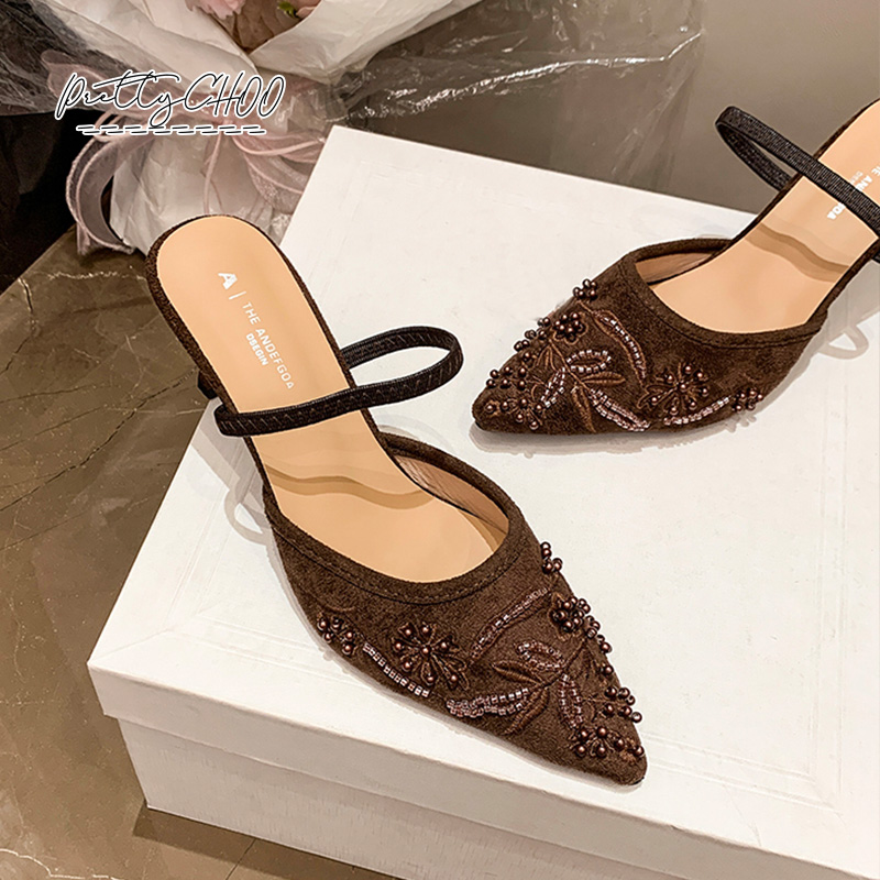 Embroidery Shoes - İnci Boncuklu Slingback Topuklu Ayakkabı Kadın