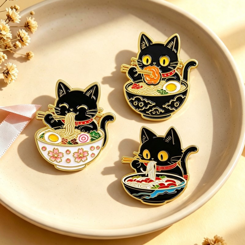 Embroidery Tulle - Erişte Yiyen Sevimli Siyah Kedi Emaye
