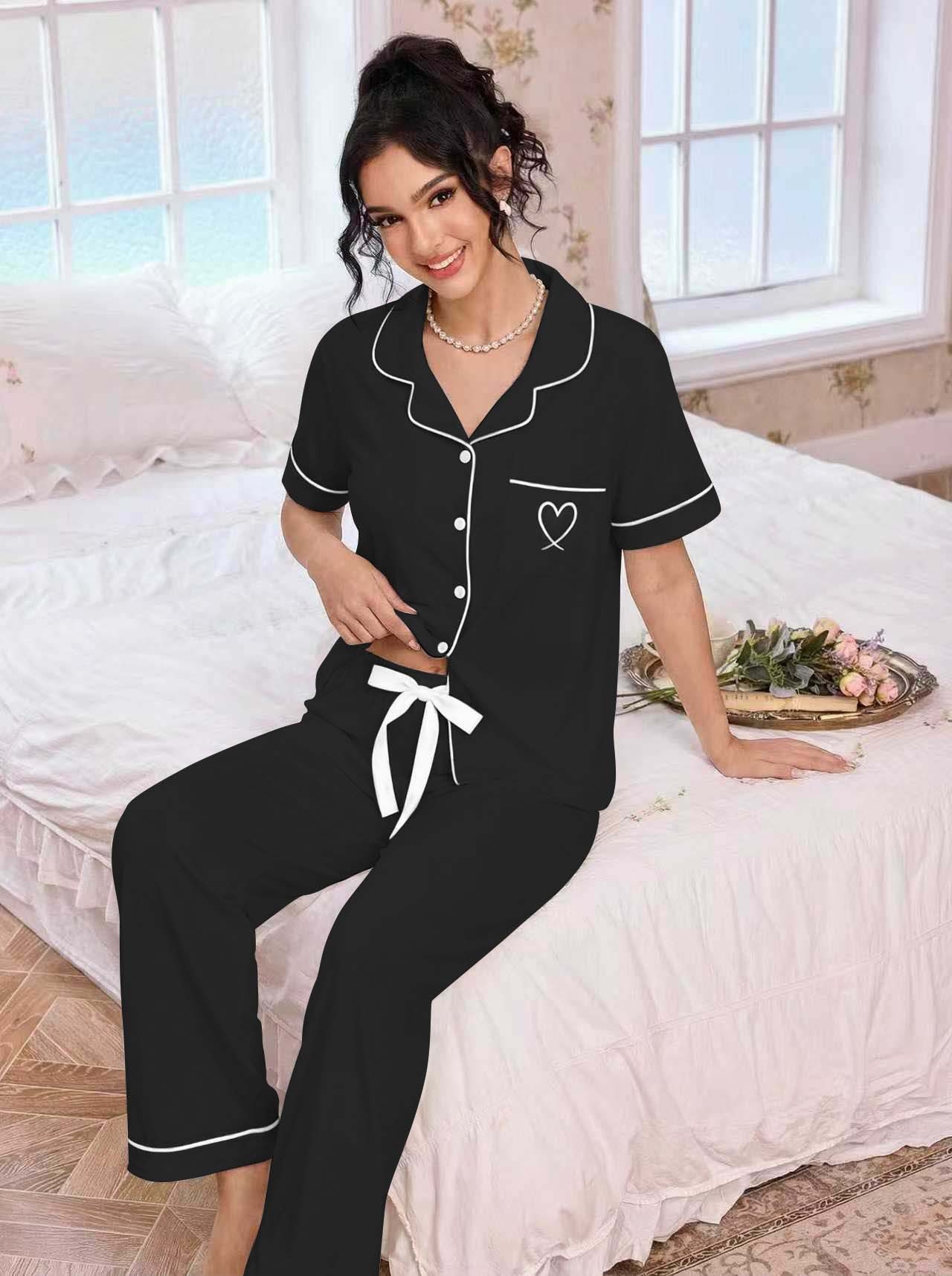 Embroidery Set - Kadın Yaka Detaylı Pijama Takımı Kalp